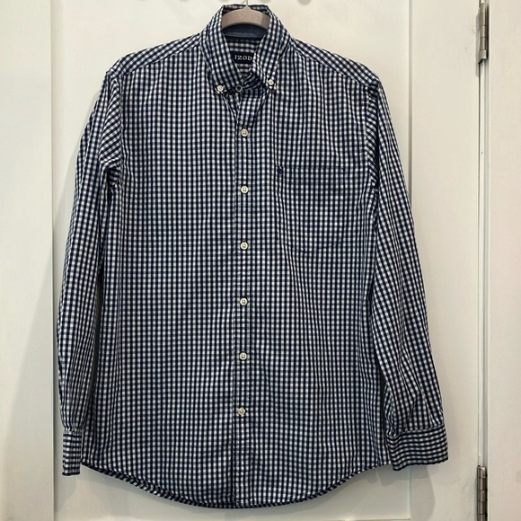 Men’s size small IZOD checkered blue & white Gingham Casual Button Down Shirt - Picture 7 of 16